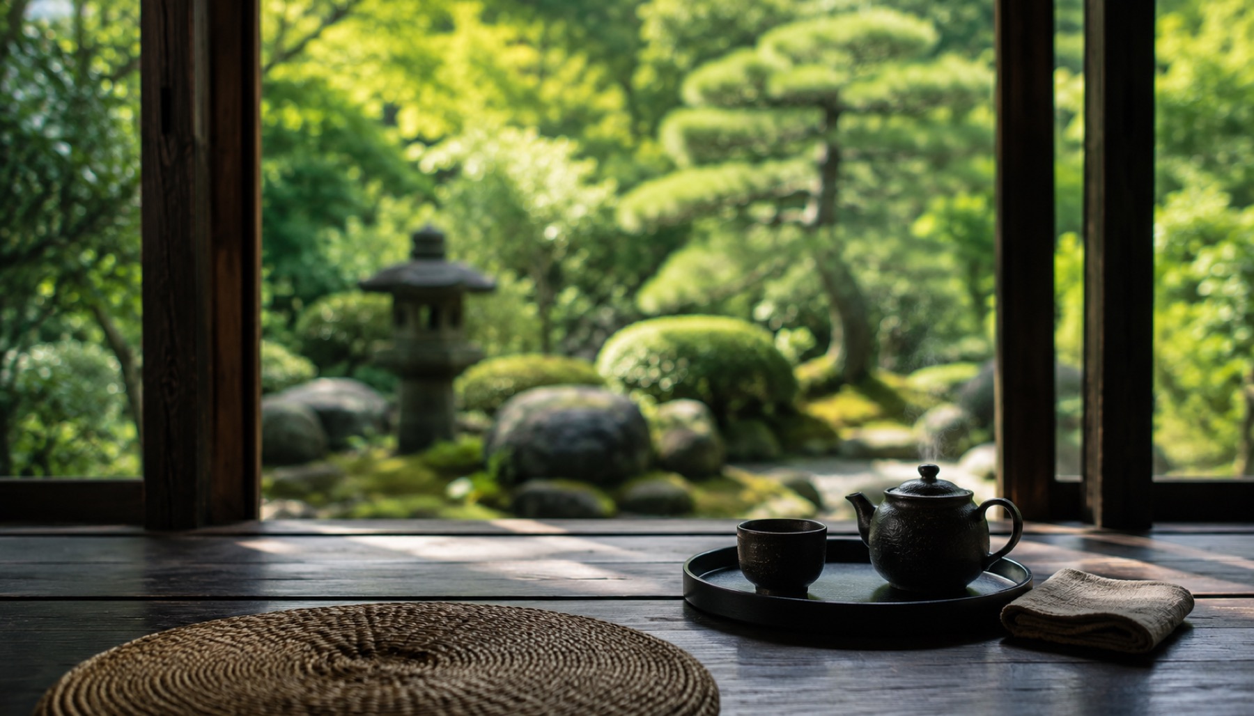 縁側 お茶と庭の眺め